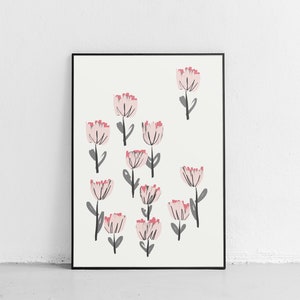 Botanical Illustration Printable Art, Scandinavian Prints, Boho Flowers, Pink Floral Prints, Gift for Her, Large Wall Art, Living Room Decor