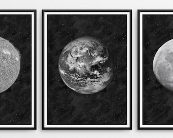 Moon Print Gallery Wall, Space Print Set, Earth Printable, Sun Wall Art, La Lune