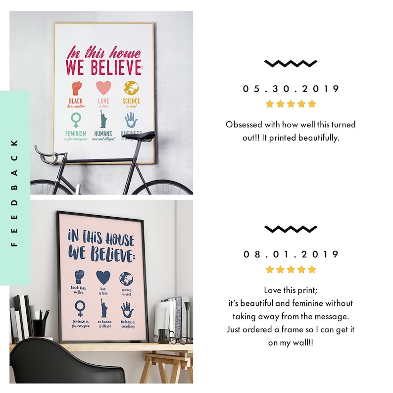 May include: A pink printable poster with the text "In this house we believe:" and a list of values including "Black lives matter", "Love is love", "Science is real", "Feminism is for everyone", "Humans are equal", and "Kindness is everything".