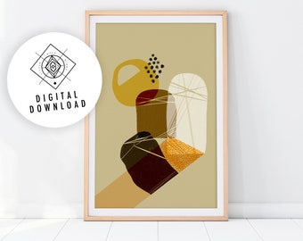 Mid Century Modern Abstract Art Print, Ochre Neutral Tones (Digital Download)