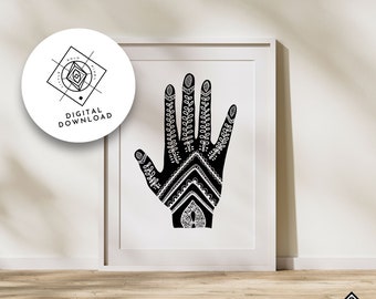 HENNA Hand Digital Art Illustration, Printable Wall Art, Boho Decor, Hand Drawing, Bedroom Wall Decor, Black and White Art, Gift for Her