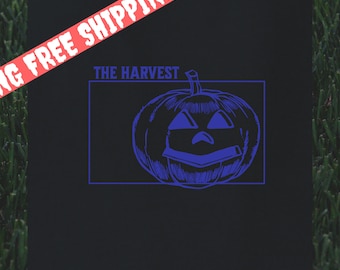 Gratis verzending | Herfst-T-shirt - The Fall Harvest Pumpkin Streetwear in donkere kleuren en levendig blauw, herfstmode-T-shirt voor trendy sfeer