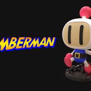 May include: A white and blue Bomberman character figurine holding a bomb. The figurine is standing on a black base with a black and gray smoke effect. The text "Bomberman" is in the background in yellow and blue letters.