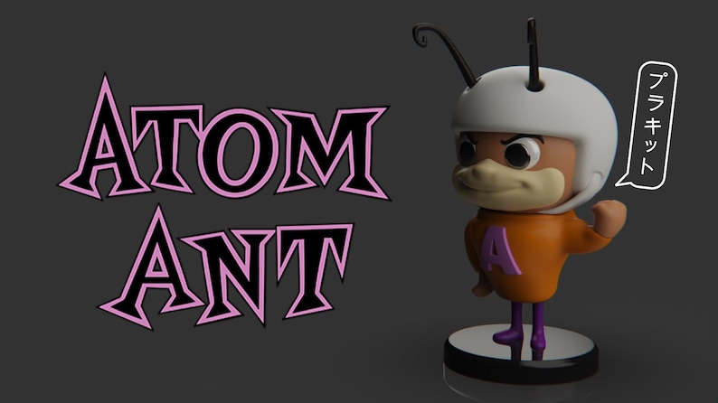 Puede incluir: Una figura impresa en 3D de Atom Ant, una hormiga superh&eacute;roe de dibujos animados. La figura es naranja y morada, lleva un casco blanco con una antena negra. La figura est&aacute; de pie sobre una base negra. El texto "ATOM ANT" est&aacute; escrito en letras negras y rosas detr&aacute;s de la figura. El texto "フ ラ キ ッ ト" est&aacute; escrito en un globo de di&aacute;logo al lado de la figura.
