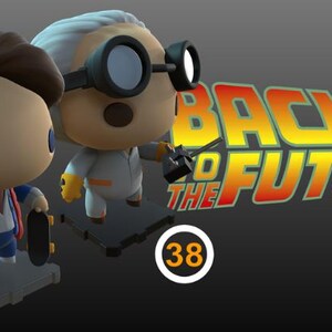 May include: Cartoon figures of Marty McFly with a skateboard and Doc Brown with a remote, from the film "Back to the Future." The figures stand on gray platforms, with the movie's logo in the background. The PLA KIT logo is also visible.
