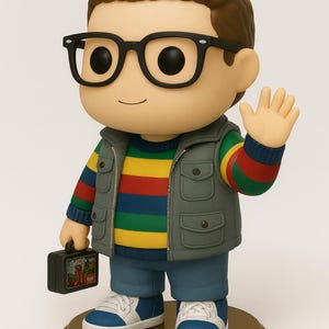 Puede incluir: Figura de un personaje de dibujos animados con gafas negras, un suéter a rayas, un chaleco gris y vaqueros azules. La figura sostiene un pequeño maletín negro y saluda. La figura está sobre una base dorada.