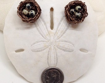 Tiny Bird Nests, Stud Earrings, Dalmation Jasper Earrings, Wirework, Nature Earrings, Bird Eggs, Nest Earrings