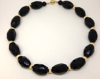 Chunky Elegant Black Onyx & Gold Necklace w Decorative Magnetic Clasp 19.5"