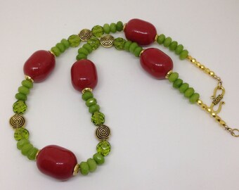 Red Raku Style Beads with Peridot & Gold Necklace 20.5" #151