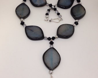 Agate Slices & Crystal Pendant Necklace #156