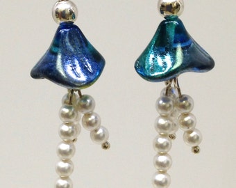 Metallic Bluebell Dangle Stud Earrings w Swarovski Pearls & Sterling 2.5"