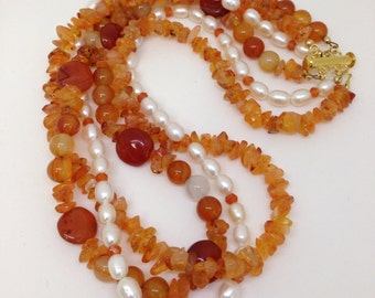 Carnelian & Pearl 3 Strand Necklace 19" N137