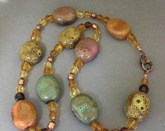 Shades of Autumn Porcelain Raku Czech Glass & Copper Necklace 27.75" N152