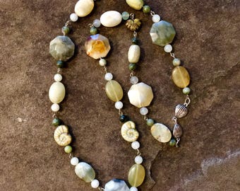 Beautiful Jade, Ammonite & Sterling Silver Link Necklace 26.5"