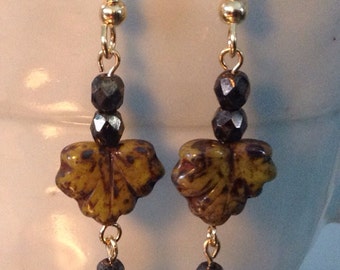 Czech Glass Maple Leaf Wasabi Picasso Earrings