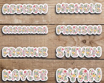 Personalized Name Stickers, Custom Text, Back to School Labels, Flower Name Sticker, Chunky Text, Cute Name Label for Laptop, Water Bottle