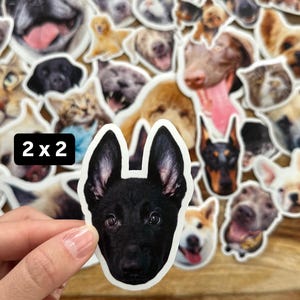 May include: A selection of dog stickers showcasing different breeds, with a black German Shepherd sticker prominent in the front. The stickers are in various colours and poses. The text "2 x 2" is in the upper left corner.