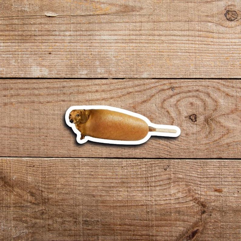 May include: A sticker depicting a dachshund dog designed to resemble a corn dog. The dog is brown with a white border, and the corn dog batter is golden brown. The stick is white.