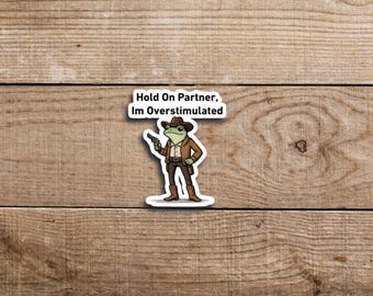 Hold On Im Overstimulated Sticker Cowboy Frog Sticker Unhinged Sticker Weirdcore Gen Z Sticker Weird Stuff Funny Meme Stickers