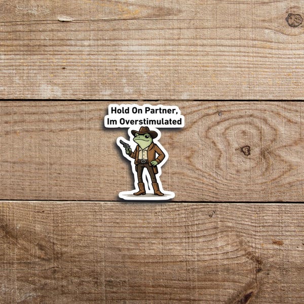 Hold On Im Overstimulated Sticker Cowboy Frog Sticker Unhinged Sticker Weirdcore Gen Z Sticker Weird Stuff Funny Meme Stickers