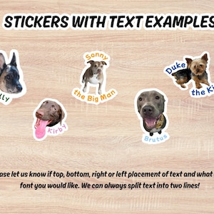 May include: A selection of dog stickers with text examples. The stickers showcase different dog breeds, including names such as Wally, Sonny, Duke, Kirby, and Brutus. The text examples are in a playful font. The background is a light wood grain.