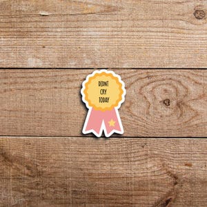 May include: A sticker in the shape of a ribbon with the text "DIDNT CRY TODAY". The ribbon is yellow with a pink banner and a gold star. The sticker is on a wooden background.