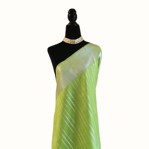 Lime Green Soft Silk Saree: Silver Zari, Unstitched Blouse, Wedding Wear