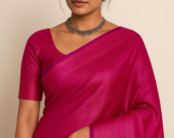 Magenta Pink Silk Tissue Saree: Copper Zari Border, Unstitched Blouse