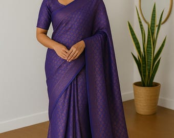 Royal Blue and Copper Soft Kubera Pattu Silk Saree with Border | Traditional Festive Party Wear | Blouse Included (36-42) | Ships from USA