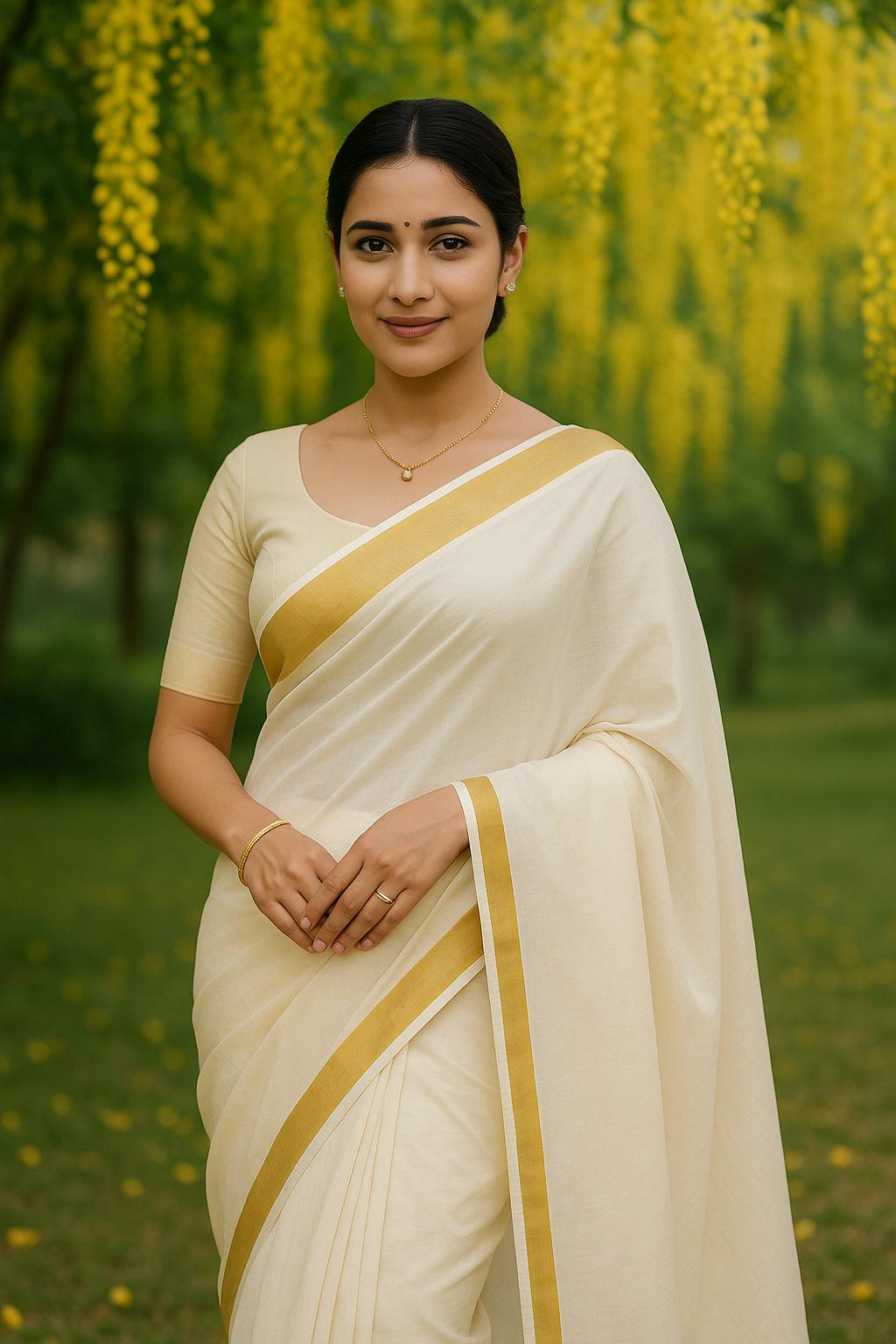 Traditional Kerala Kasavu Saree | Off-White Cotton Onam Saree with Gold Zari Border | Festival & Puja Wear | Blouse Piece | Ships from USA