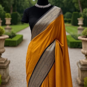 Mustard Yellow Soft Silk Saree: Antique Zari Border, Stitched Brocade Blouse