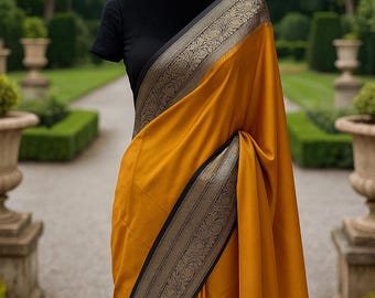 Mustard Yellow Soft Silk Saree with Antique Zari Border & Stitched Blouse  (34–42) | Wedding and Party Saree | Pico Done | Ships from USA