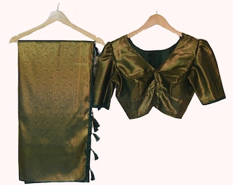 Grüner Kubera Pattu Saree: Südindische weiche Seide mit Kupfer Zari (Bluse inklusive)
