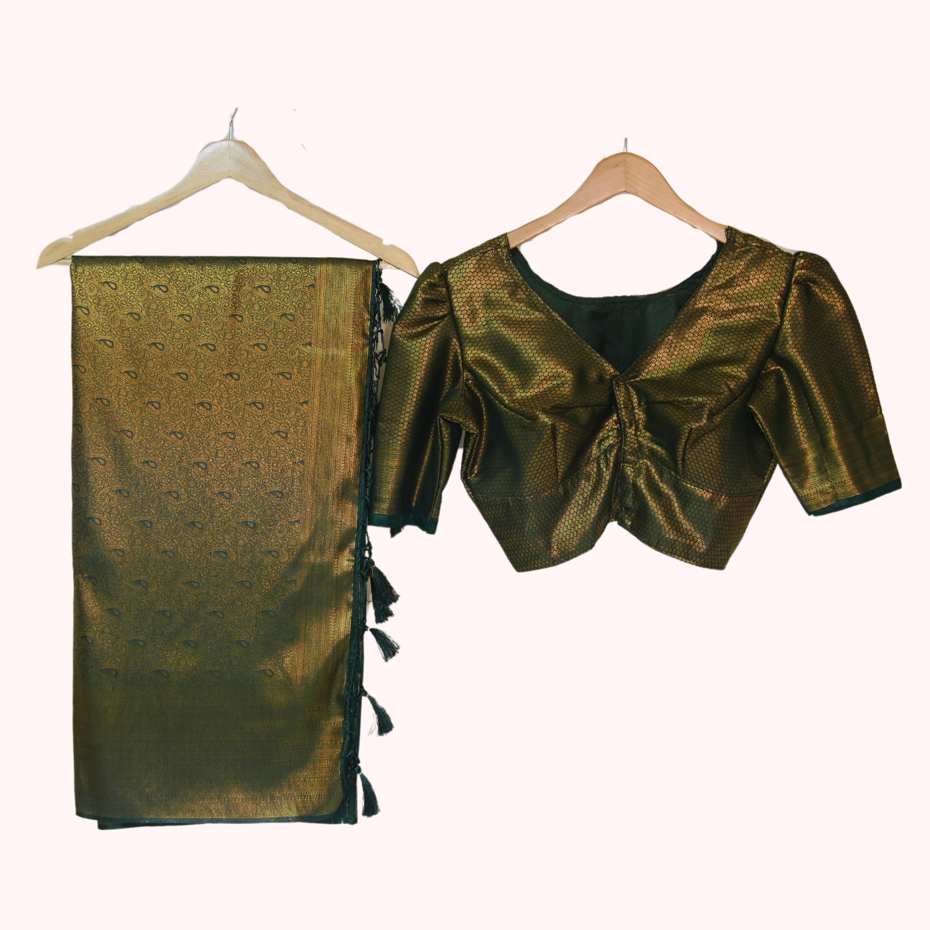 Green Soft Silk Designer South Indian Kubera Pattu Saree with Copper Zari Detailing | Traditional, Festive, & Party Saree (BLOUSE INCLUDED)