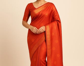 Soft Silk Saree with Copper Zari Jacquard | Orange-Red Festive Indian Sari