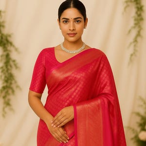 Pink Soft Silk Saree with Golden Zari| Designer Stitched Blouse (Size 36-42) | Indian Wedding Saree | Party Wear | Ships from USA