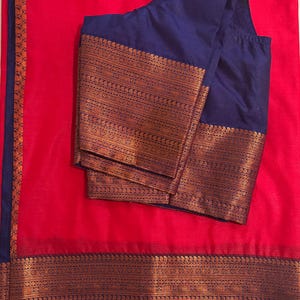 Red Kanchipuram Semi Silk Saree: Gold Zari, Blue Pallu, Stitched Blouse - Ships from USA