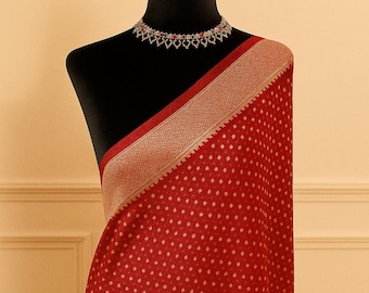 Red Georgette Silk Saree with Zari Butta, Heavy Border & Rich Pallu | Wedding and Party Wear | Stitched Blouse (Size 34–42) | Ships from USA
