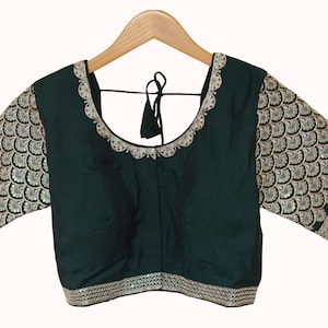 Dark Green Silk Blouse with Zari Detail - READYMADE | Dark Green and Gold | Traditional, Festive, & Party Blouse
