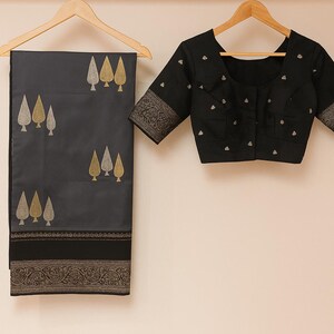 Silver Zari Semi-Silk Saree: Charcoal Grey & Black, Readymade Blouse