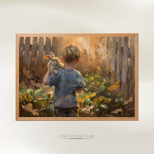 Puede incluir: Impresión enmarcada que representa a un niño sosteniendo un conejo en un jardín. La obra de arte utiliza tonos cálidos, con una valla de madera y follaje en el fondo. El niño lleva una camisa azul.