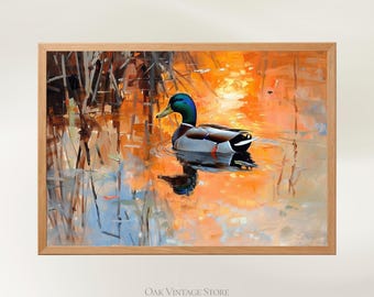 Mallard Duck Pond Reflection Wall Art Sunset Water Painting Printable Bird Nature Artwork Digital Download Rustic Wildlife Vintage Art Print