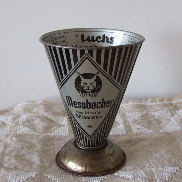 Vintage metal measuring cups, German Messbecher Luchs measuring cylinder  c. 1920