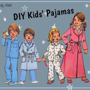 May include: Illustration of a DIY Kids' Pajamas sewing pattern. The image shows four children in pajamas. The children are wearing blue, white, and floral pajamas. The image has the text "Simplicity 7068" and "DIY Kids' Pajamas".
