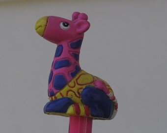 Vintage 1990s Guess? Brand Russ Berrie Pink Neon Giraffe Pencil Topper - Psychedelic Giraffe - Unused / Unsharpened - NEW Old Stock