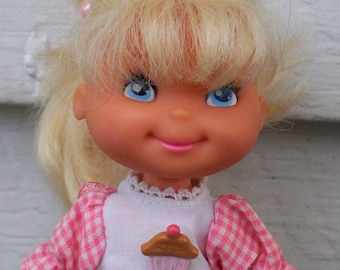 Vintage 1980s Cherry Merry Muffin Doll - Strawberry Shortcake Clone -Mattel  - Blonde Hair / Pink Dress - Cute / Kawaii - Big Eyes