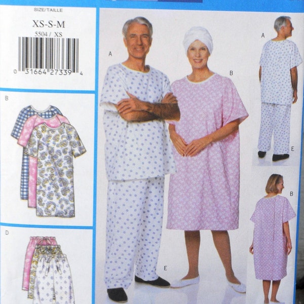 Butterick 5504 - DIY Outfits for People with Special Needs - Medical Gown, Shirt, Sleepwear, Pajamas - Head Wrap / Turban - UNCUT