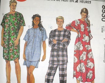 McCall's 8530 - DIY Easy Sew Sleepwear for Men or Women - Size Sm - Lg UNCUT - Vintage 1990s - Sleepshirt, Pajamas, Nightgown, PJs, Jammies