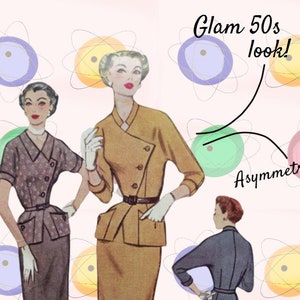 May include: Illustration of three women in vintage 1950s fashion. The central figure wears a mustard-colored suit with a belted waist. The text "Glam 50s look!" and "Asymmetry!" are included. The background features atomic-themed designs.
