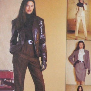 May include: A sewing pattern envelope titled NON-STOP WARDROBE SELECT-A-SIZE featuring illustrations of various outfits including a dark brown jacket and trousers, a cream suit, a grey skirt suit, and a dark brown skirt suit with a matching jacket.